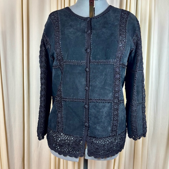 Scully Vintage Suede / Crocheted Black Patchwork Button Dn Boho Cardigan Jacket - Picture 2 of 13
